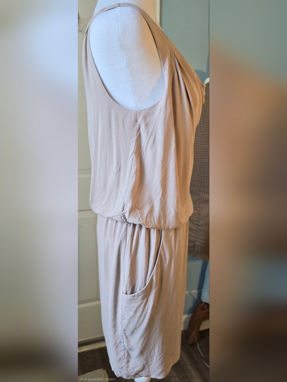Theory Jaylyn Sleeveless Drape Neck Midi Dress Womens M Taupe Pockets Minimalist - Picture 5 of 11